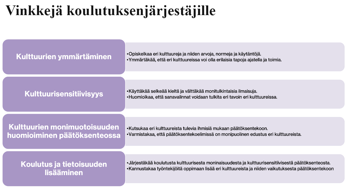 Vinkkejä toimenpiteistä kulttuurien moninaisuuden ymmärtämiseen ja huomioimiseen